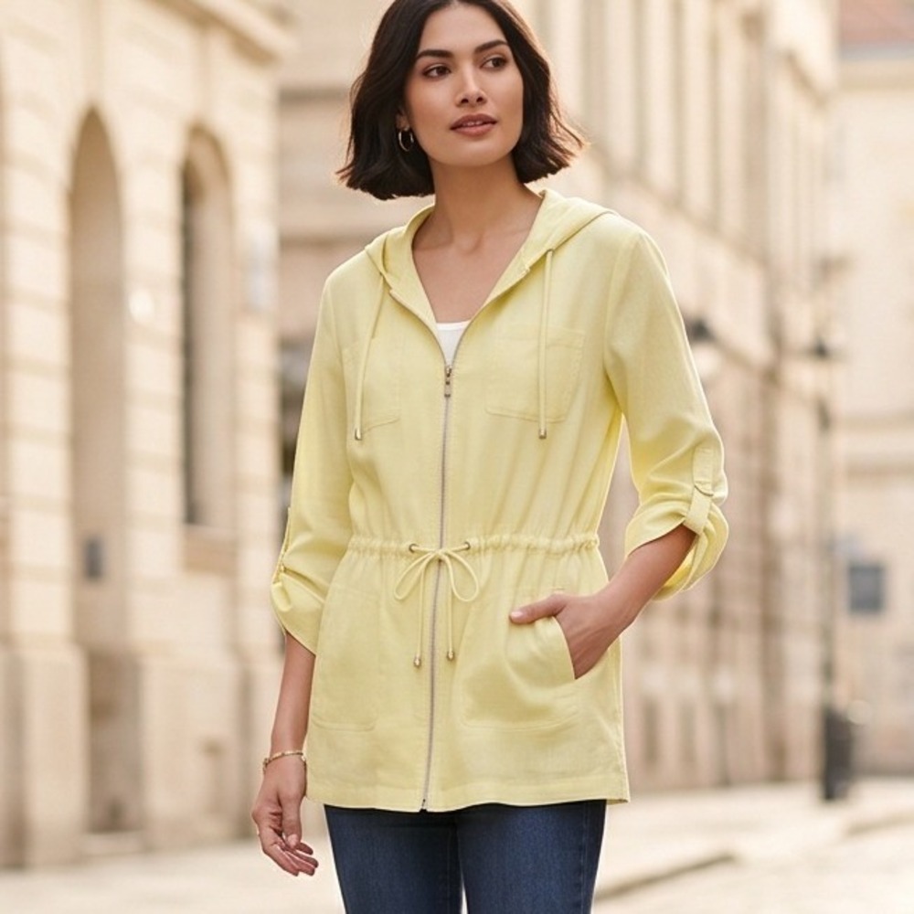 Chico's 1 Pale Yellow Green Hooded Utility Anorak Jacket Medium